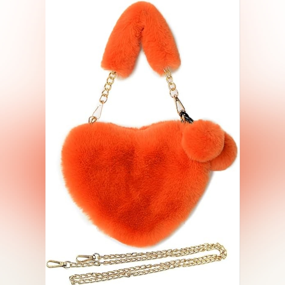 Plush Orange Faux Fur Heart Purse
